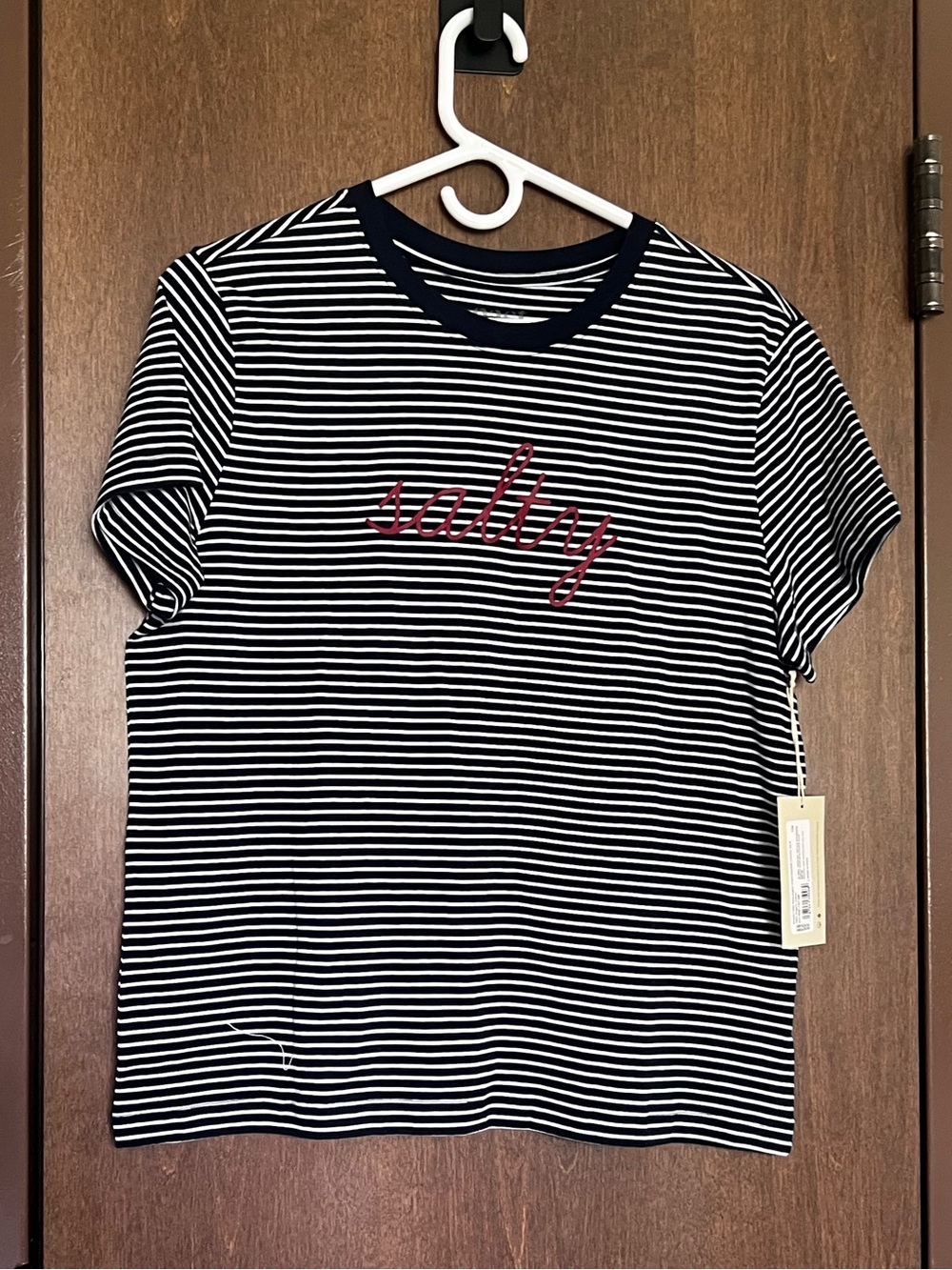 Pact Navy & White Striped Tee with Red “Salty” Script